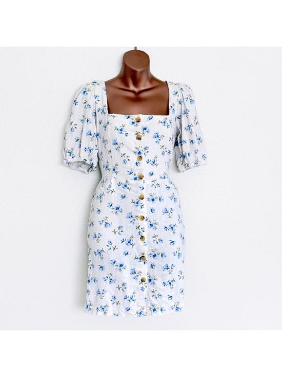 Old Navy Dresses & Skirts - Linen Coquette Cottage Blue Floral Puff-Sleeve Mini Summer Dress Old Navy Sz M